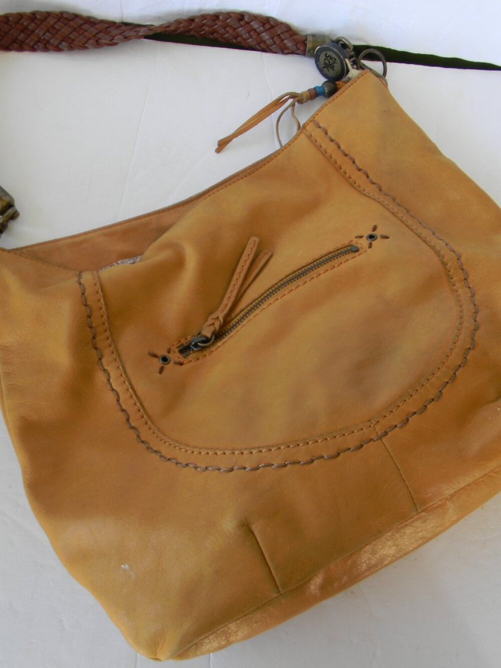 The Sak Mustard Yellow Leather Hobo Shoulder Bag Braided Strap purse BOHO FALL